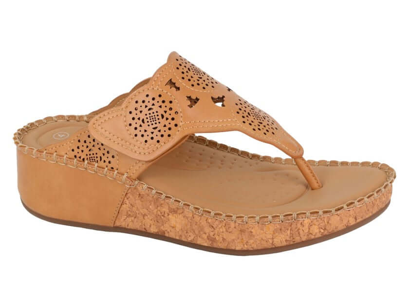 Corina - Tan Touch Fastening Toe Post Wedge Sandal