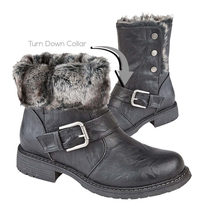 Andreana Press Stud Fold Down Biker Style Ankle Boot - Black