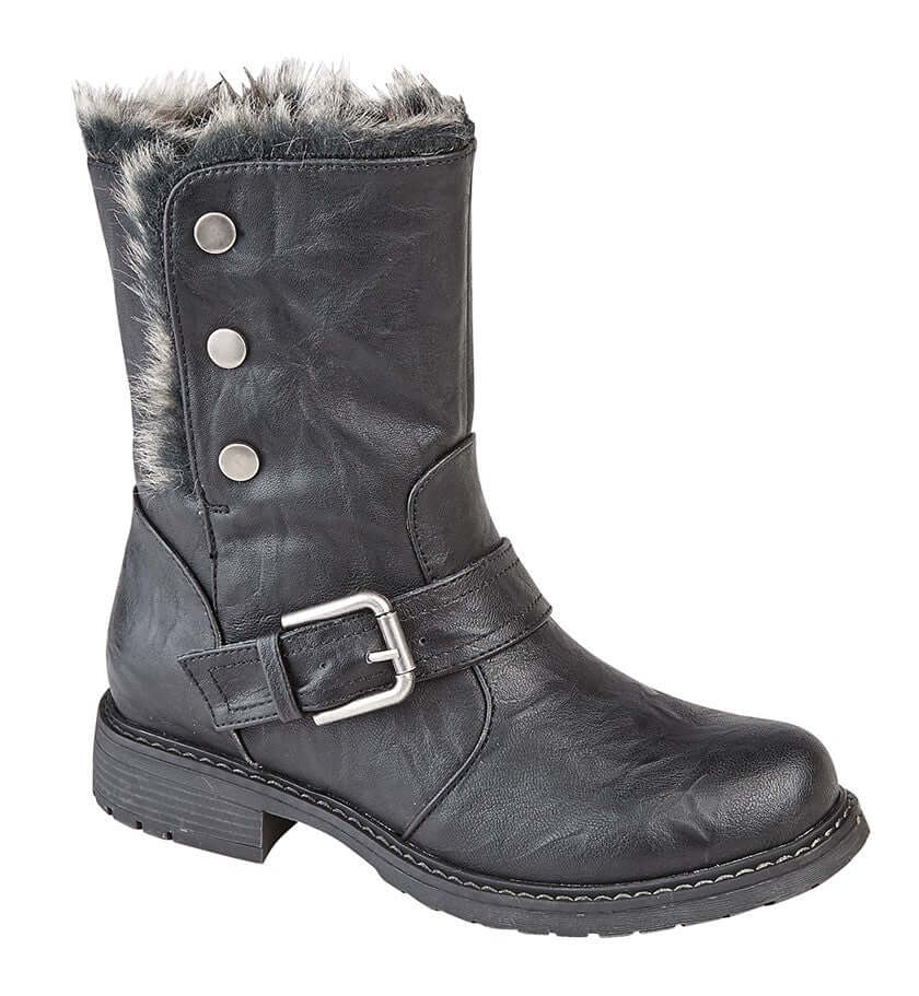 Andreana Press Stud Fold Down Biker Style Ankle Boot - Black