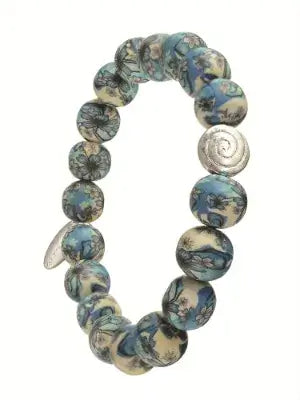 Henna Ink Beaded Elasticated Bracelet - Silver & Teal
