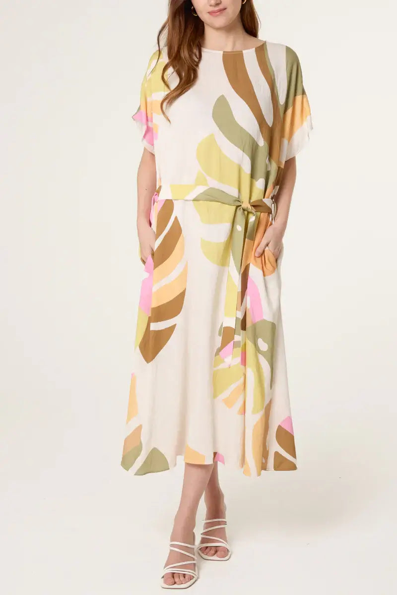 Exotic Leaves Relaxed Tunic Belt Dress