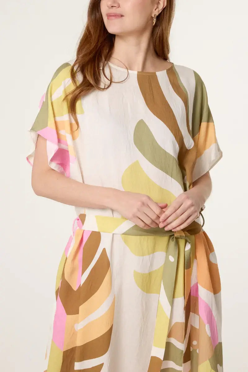 Exotic Leaves Relaxed Tunic Belt Dress
