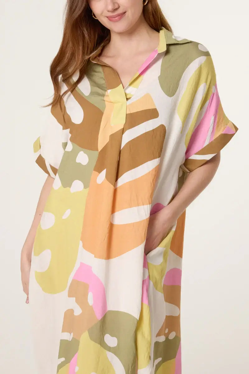 Exotic Leaves Open Collar Tunic Dress