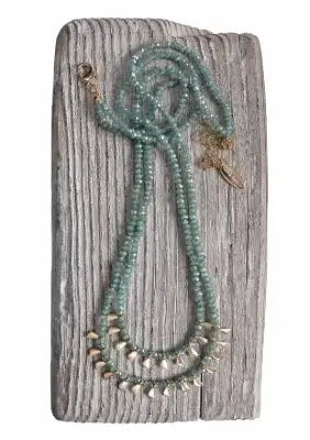 Double Layer Necklace with Leaf Beads - Aqua & Gold