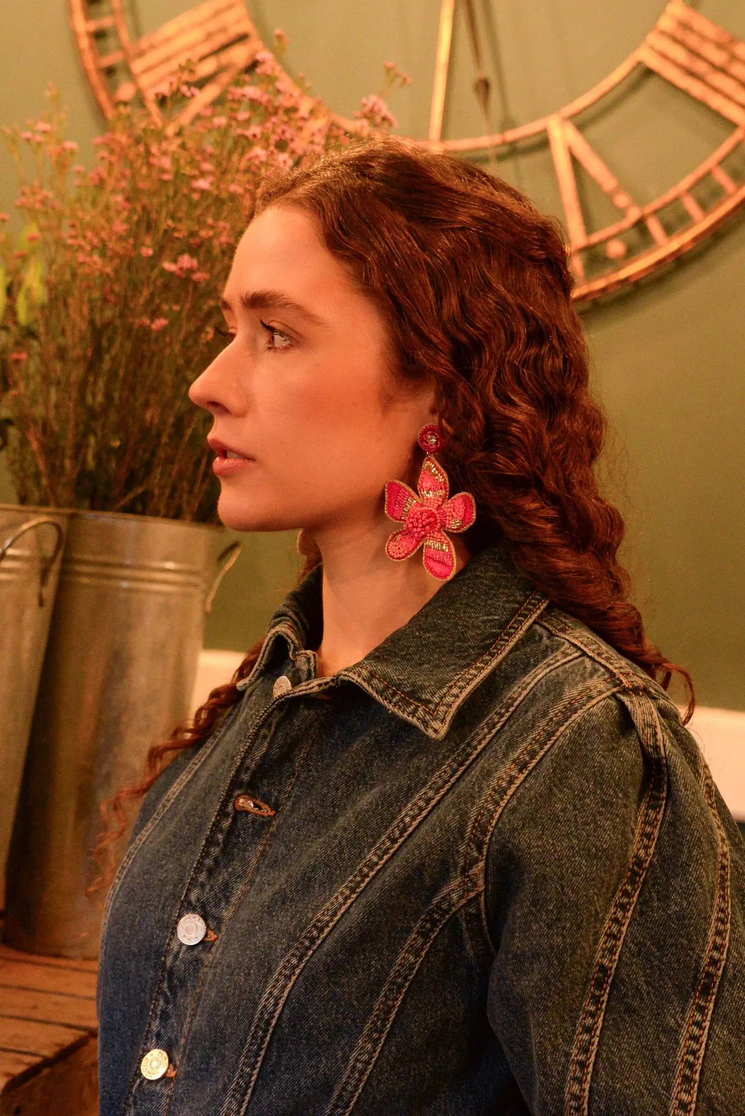 Statement Pink Flower Beaded Earrings