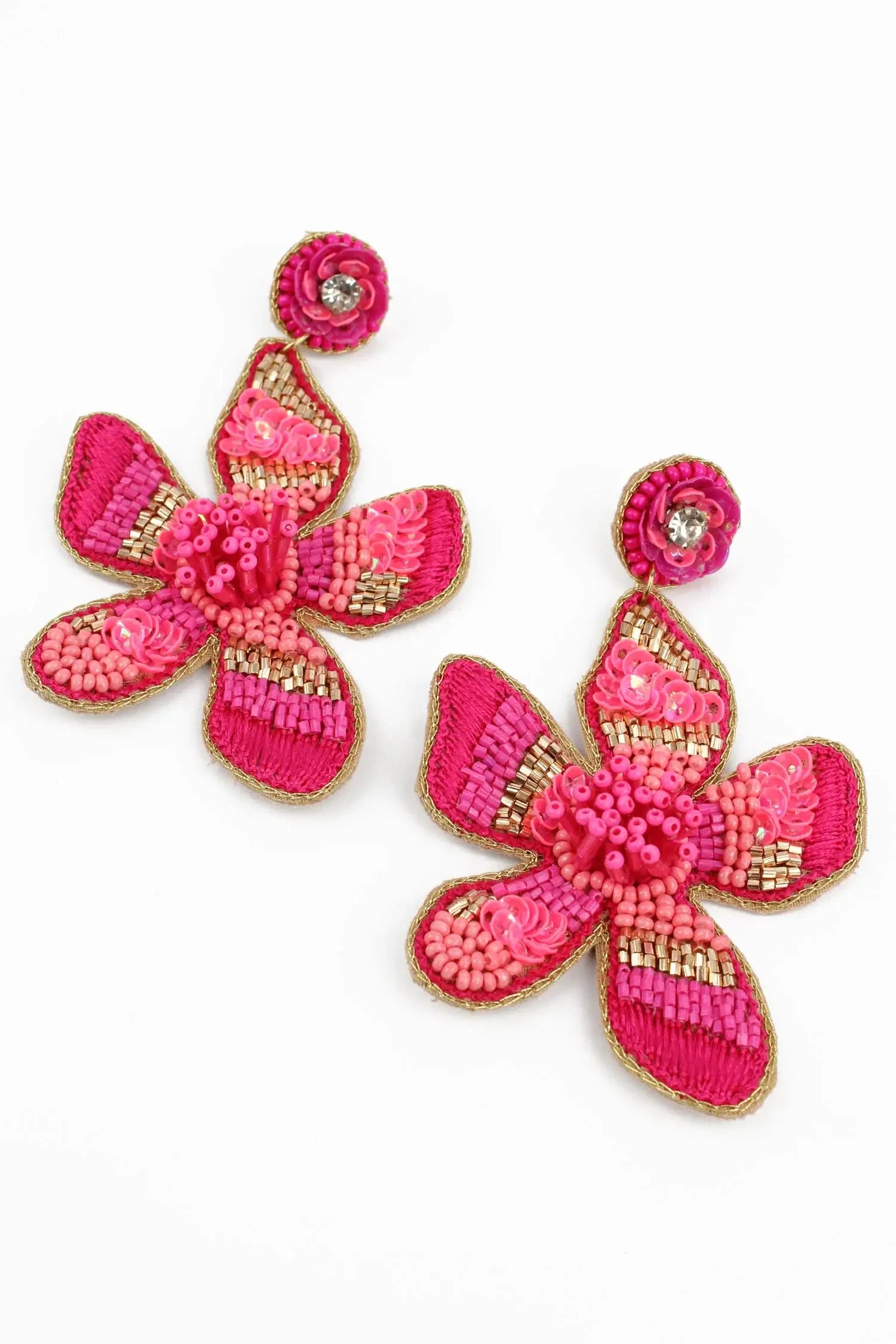 Statement Pink Flower Beaded Earrings