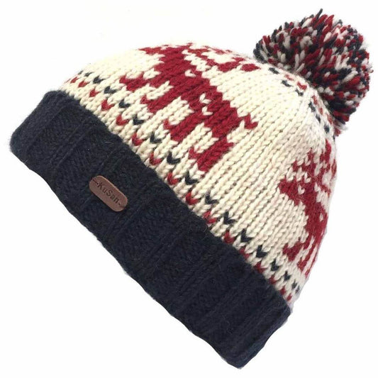 Bobble Hat Turn Up Reindeer Navy