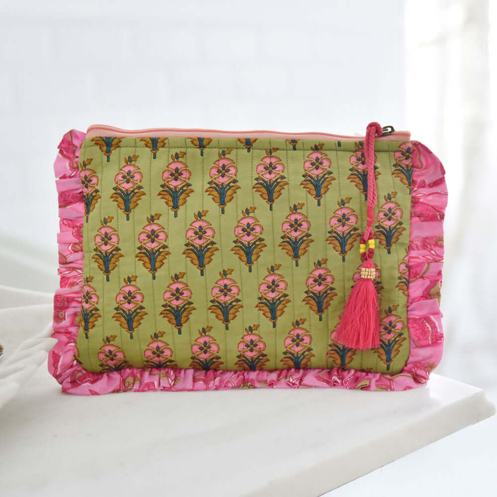Powellcraft - Green Quilted Make Up Bag With Pink Ruffle Trim