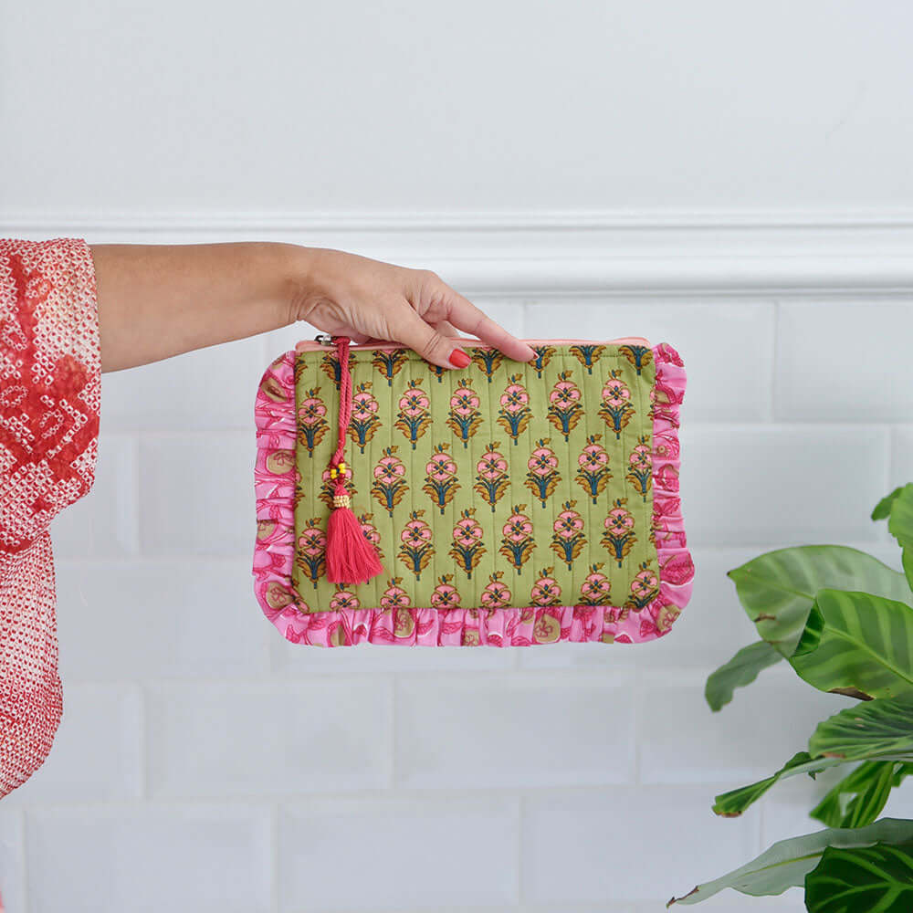 Powellcraft - Green Quilted Make Up Bag With Pink Ruffle Trim