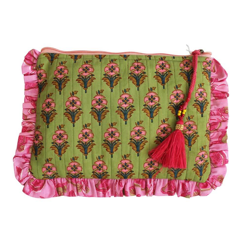 Powellcraft - Green Quilted Make Up Bag With Pink Ruffle Trim