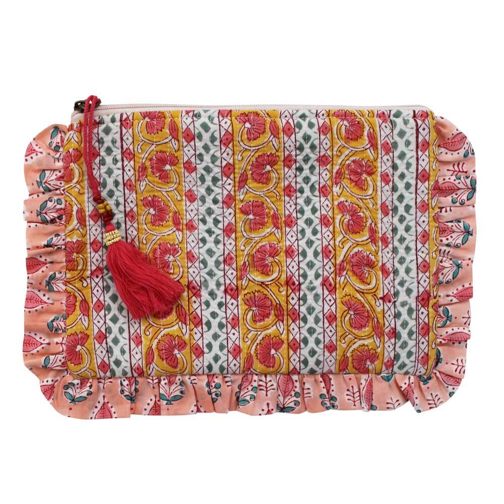 Powellcraft - Green, Lemon & Pink Mixed Block Floral & Stripe Quilted Make Up Bag