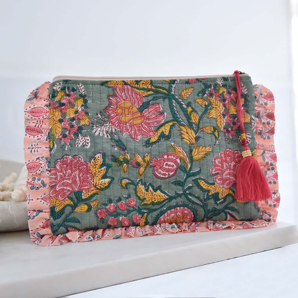 Powellcraft - Green, Lemon & Pink Mixed Block Floral & Stripe Quilted Make Up Bag
