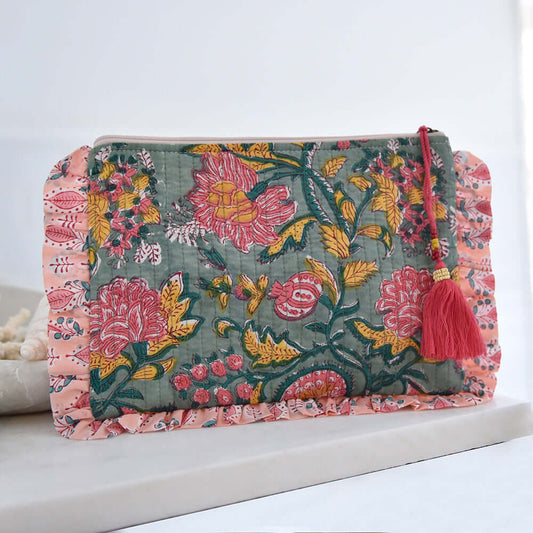 Powellcraft - Green, Lemon & Pink Mixed Block Floral & Stripe Quilted Make Up Bag