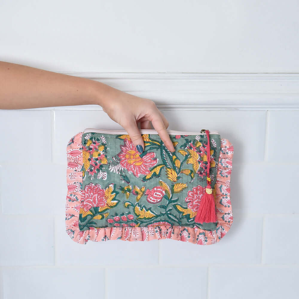 Powellcraft - Green, Lemon & Pink Mixed Block Floral & Stripe Quilted Make Up Bag