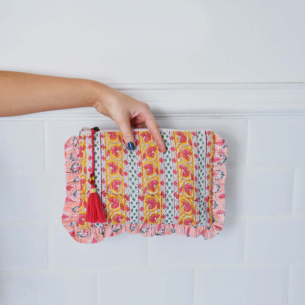 Powellcraft - Green, Lemon & Pink Mixed Block Floral & Stripe Quilted Make Up Bag