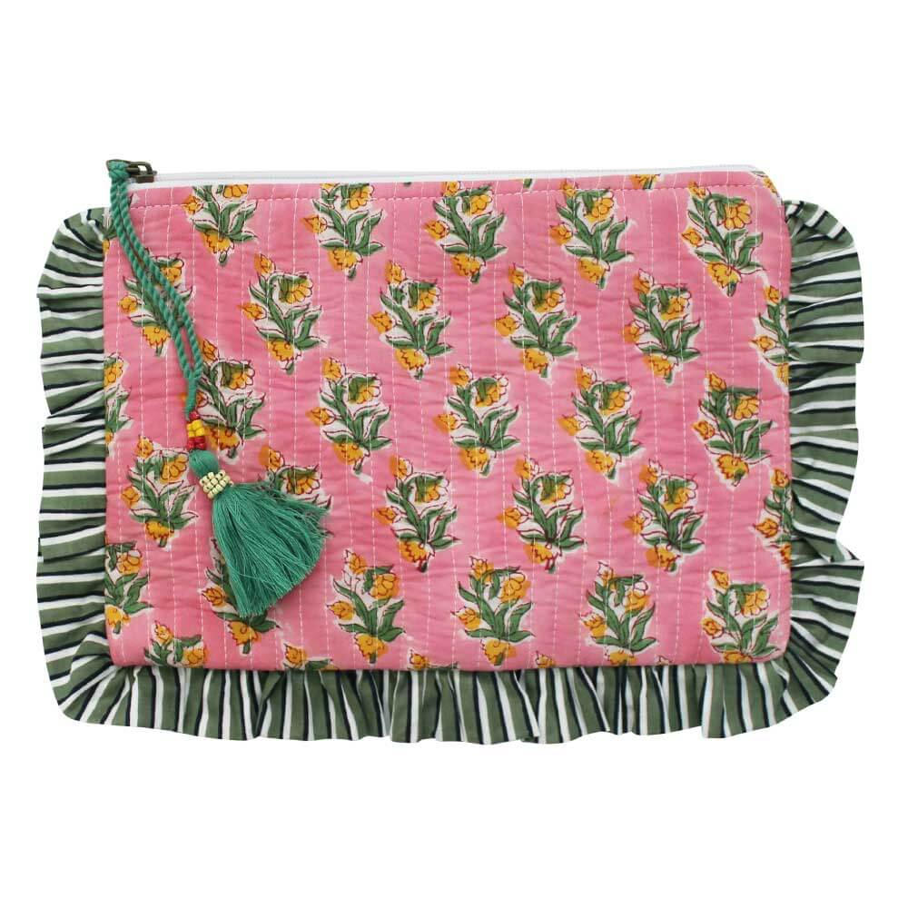 Powellcraft - Green Ogee & Small Pink Block Print Quilted Make Up Bag