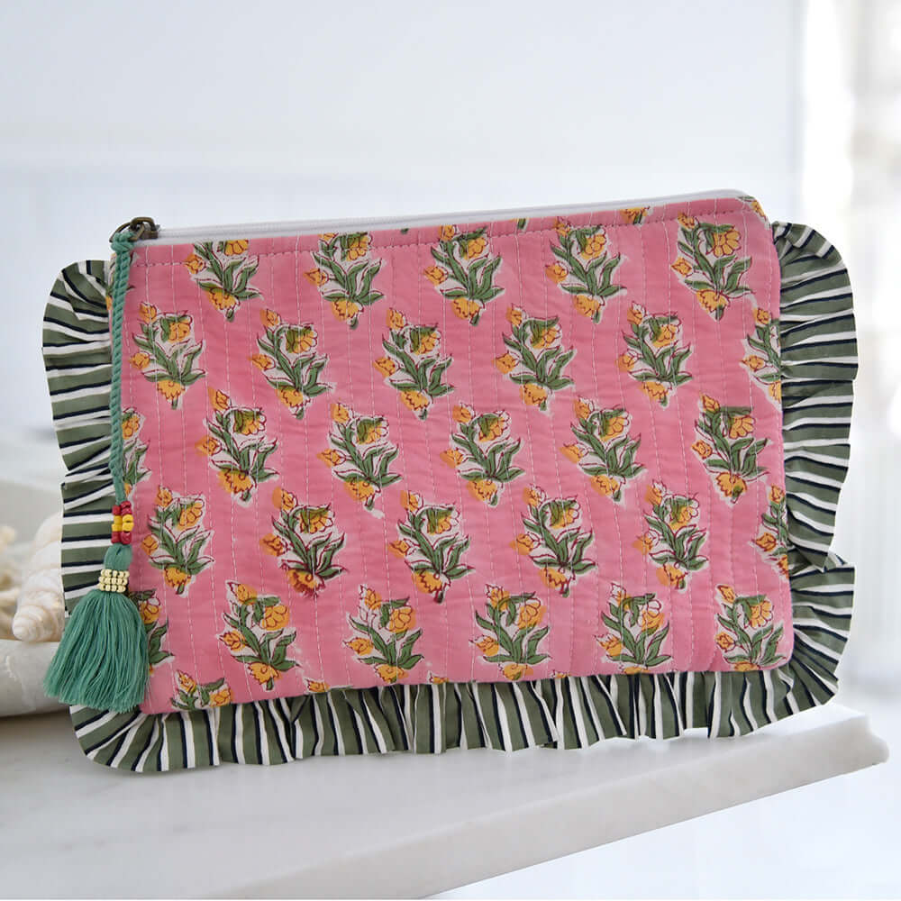 Powellcraft - Green Ogee & Small Pink Block Print Quilted Make Up Bag