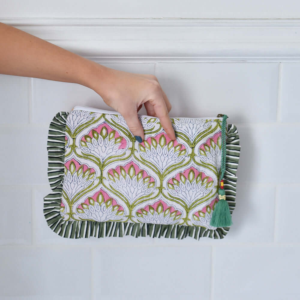 Powellcraft - Green Ogee & Small Pink Block Print Quilted Make Up Bag