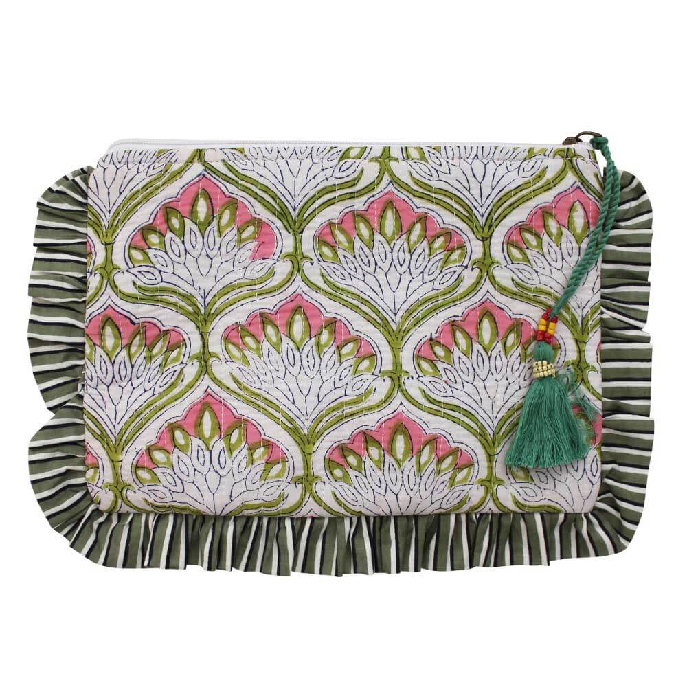 Powellcraft - Green Ogee & Small Pink Block Print Quilted Make Up Bag