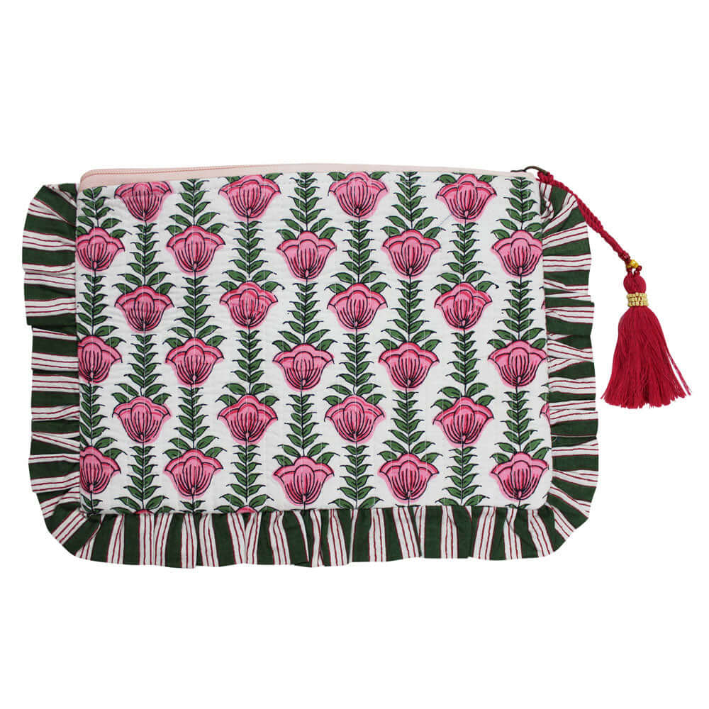 Powellcraft - Damask Style Floral Print / Pink & White Tulip Block Print Quilted Make Up Bag