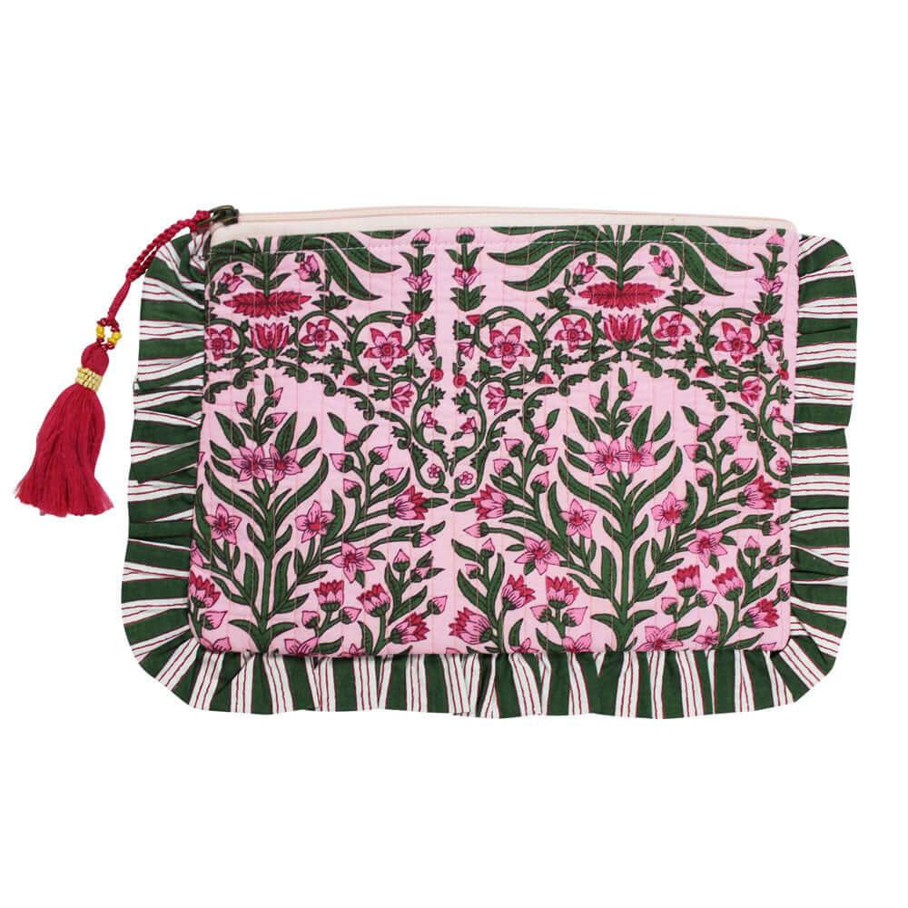 Powellcraft - Damask Style Floral Print / Pink & White Tulip Block Print Quilted Make Up Bag