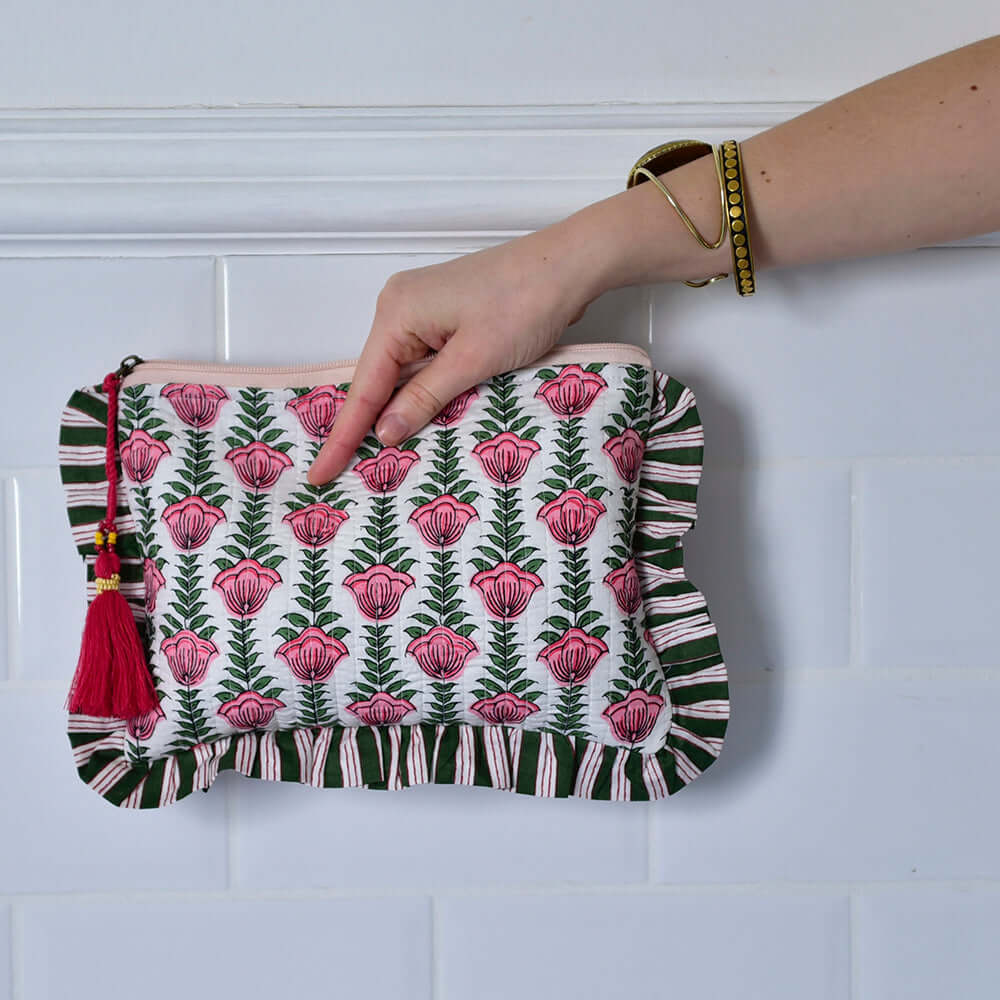 Powellcraft - Damask Style Floral Print / Pink & White Tulip Block Print Quilted Make Up Bag