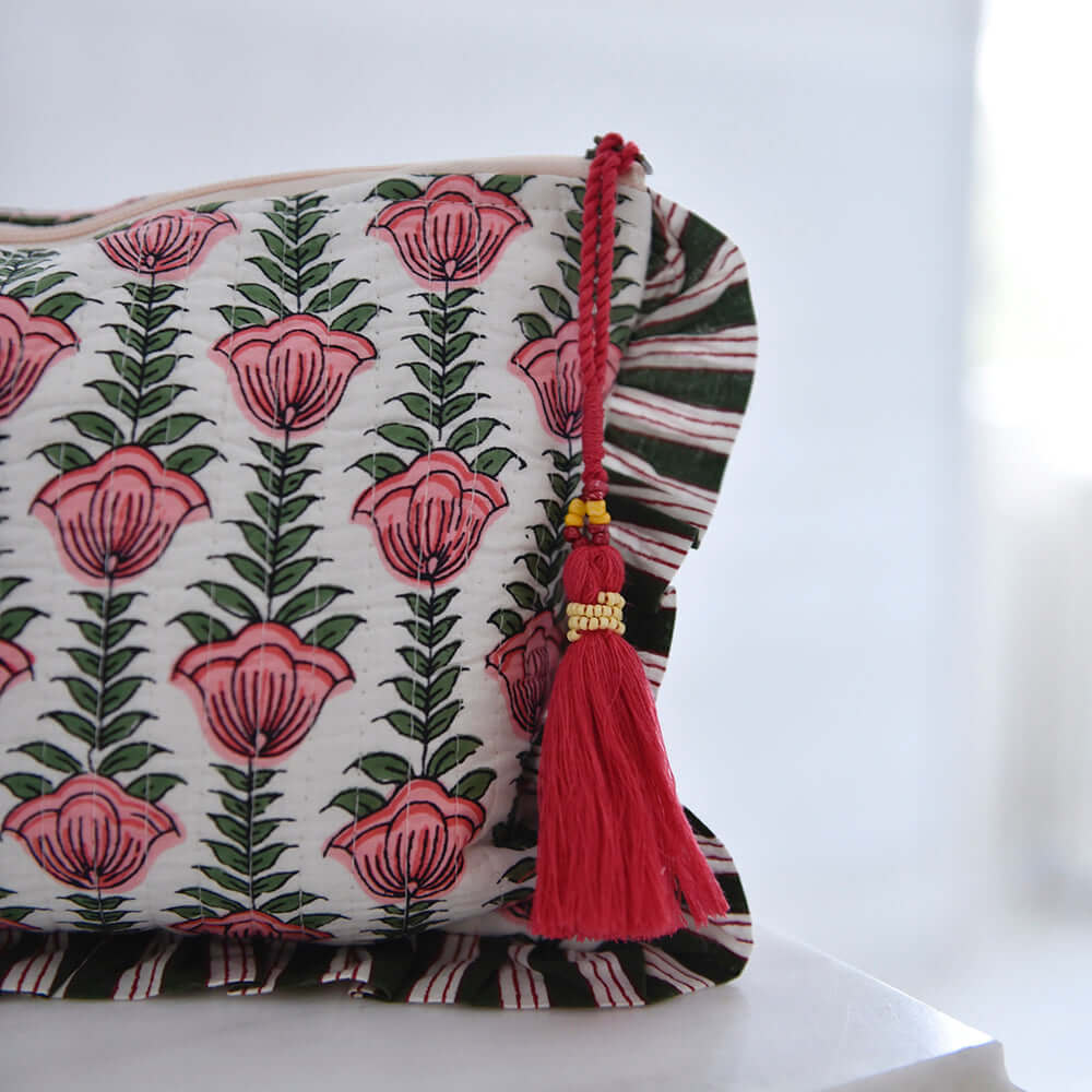 Powellcraft - Damask Style Floral Print / Pink & White Tulip Block Print Quilted Make Up Bag