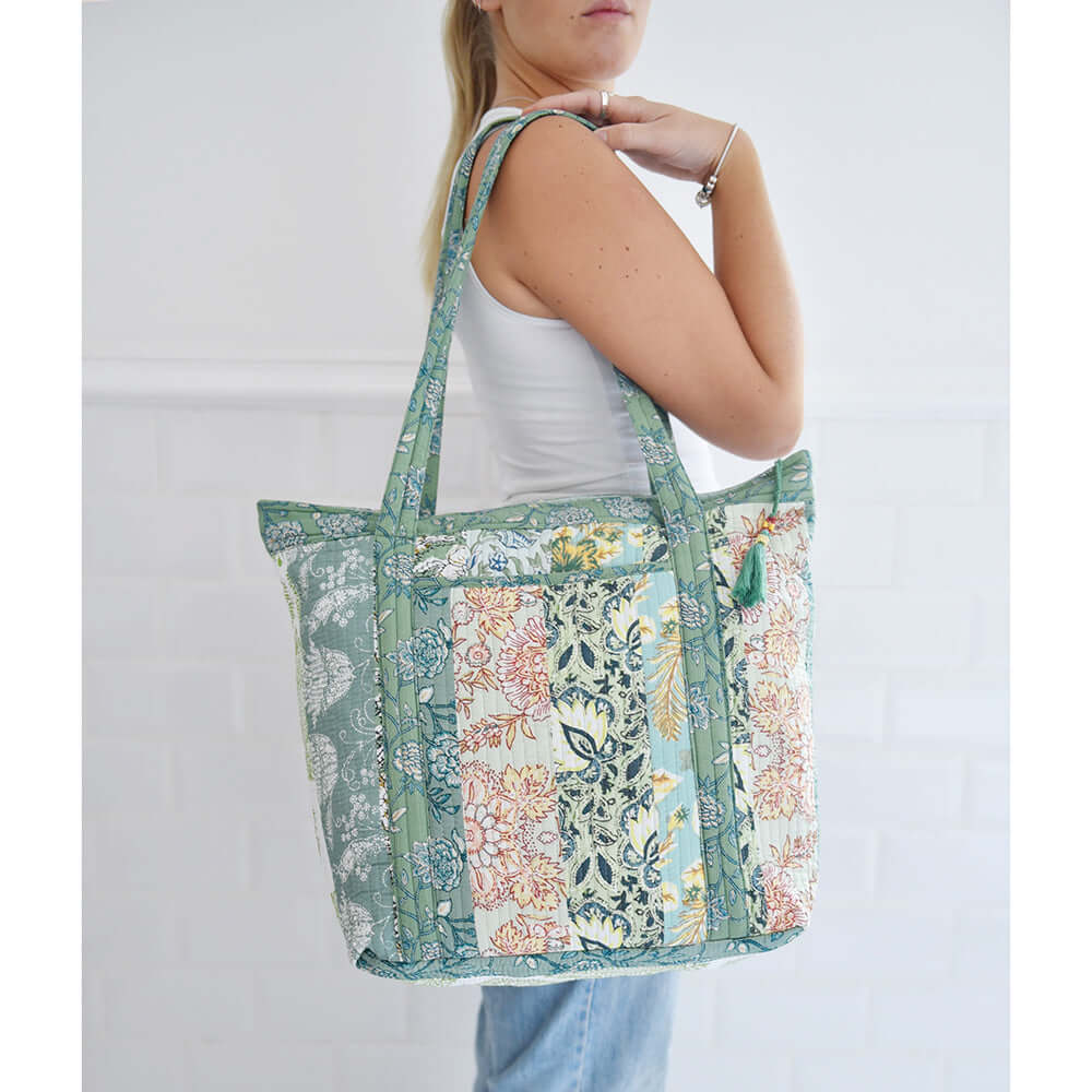Powellcraft - Green Mixed Fabric Print Quilted Tote Bag