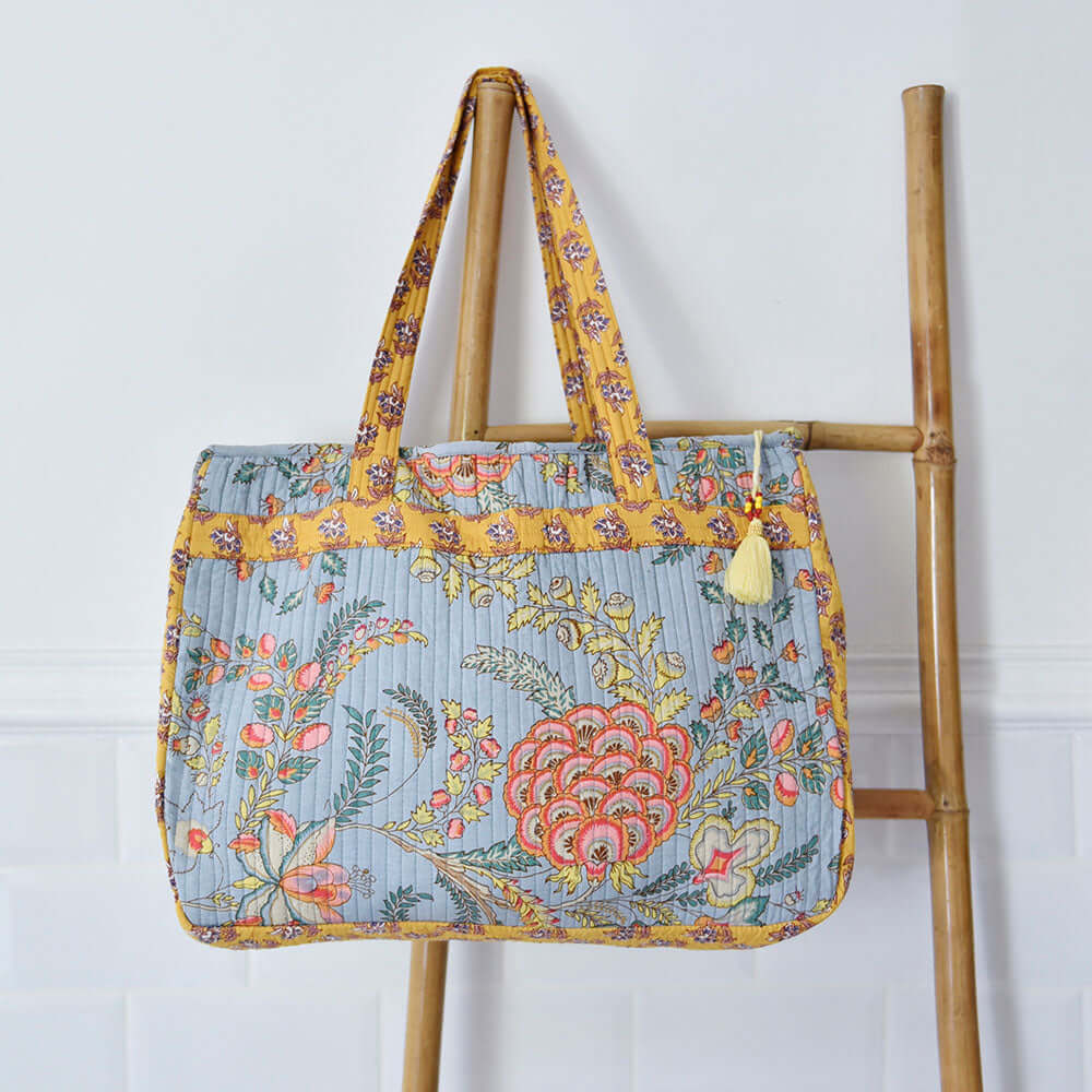 Powellcraft - Grey, Coral and Mustard Quilted Tote Bag With Zip
