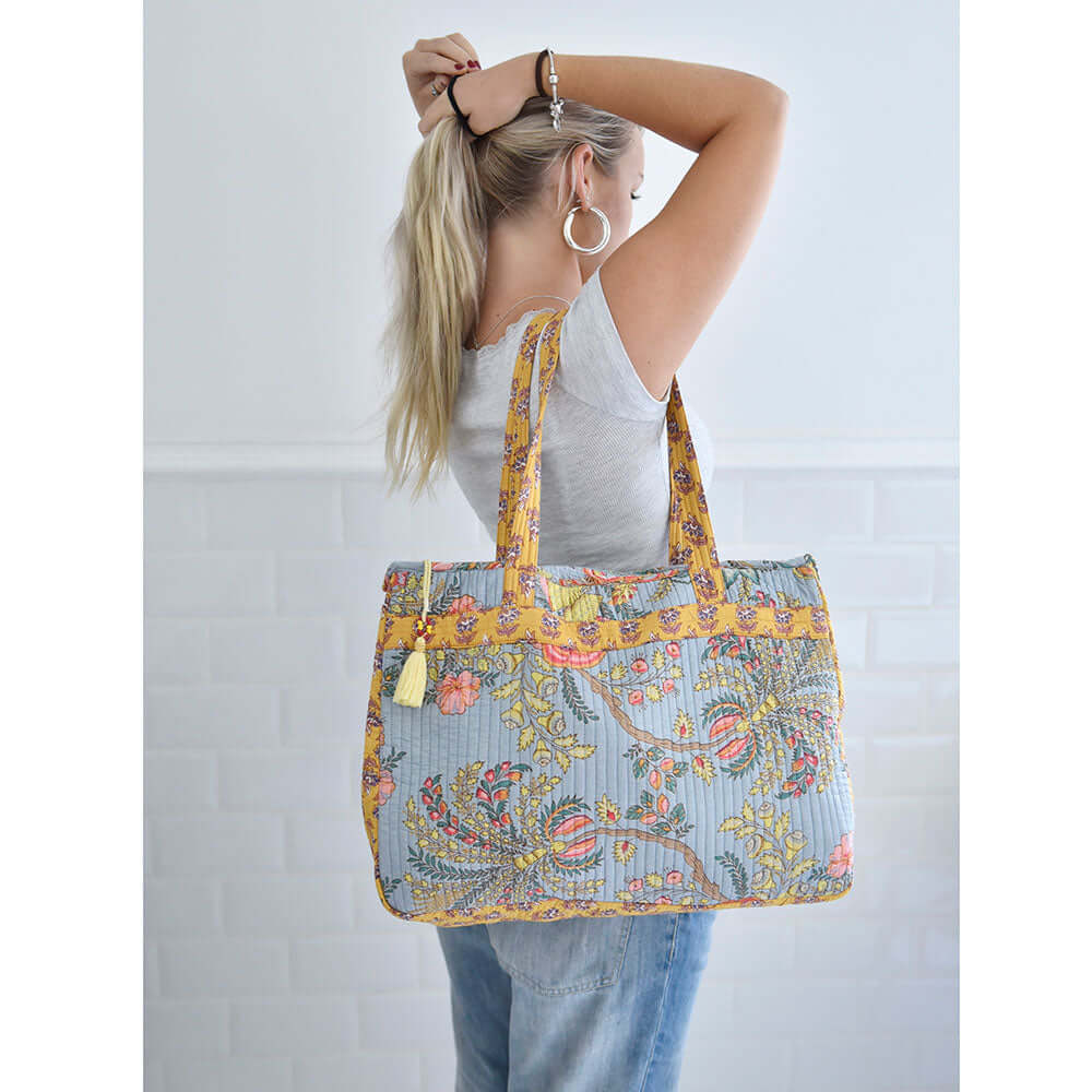Powellcraft - Grey, Coral and Mustard Quilted Tote Bag With Zip