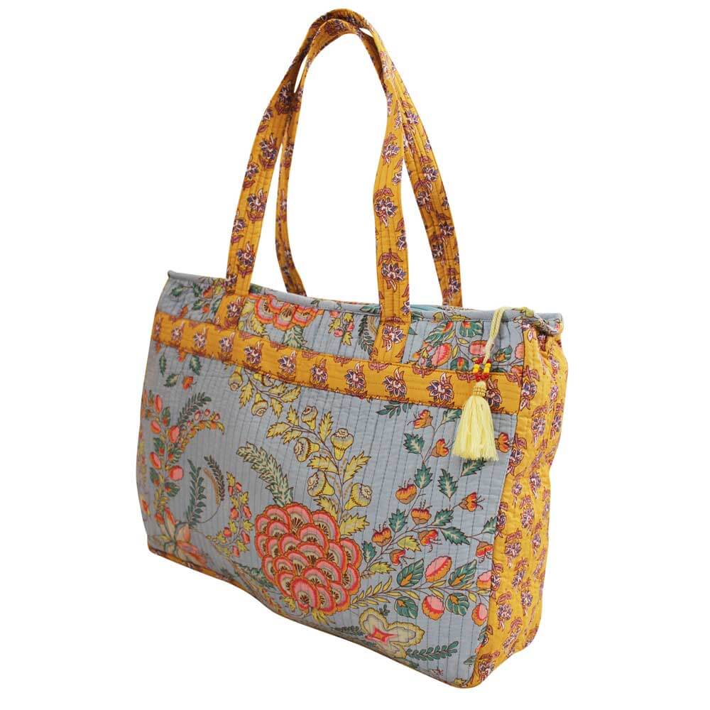 Powellcraft - Grey, Coral and Mustard Quilted Tote Bag With Zip