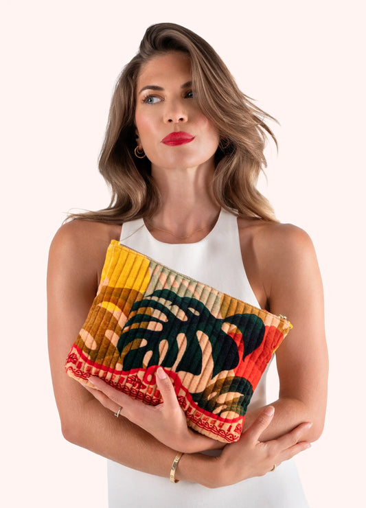 Powder Design Quilted Velvet Zip Pouch - Exotic leaves