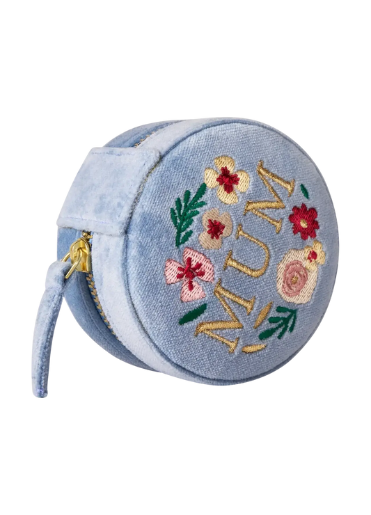 Powder Design Round Velvet Jewellery Box - Lovely Mum - Denim