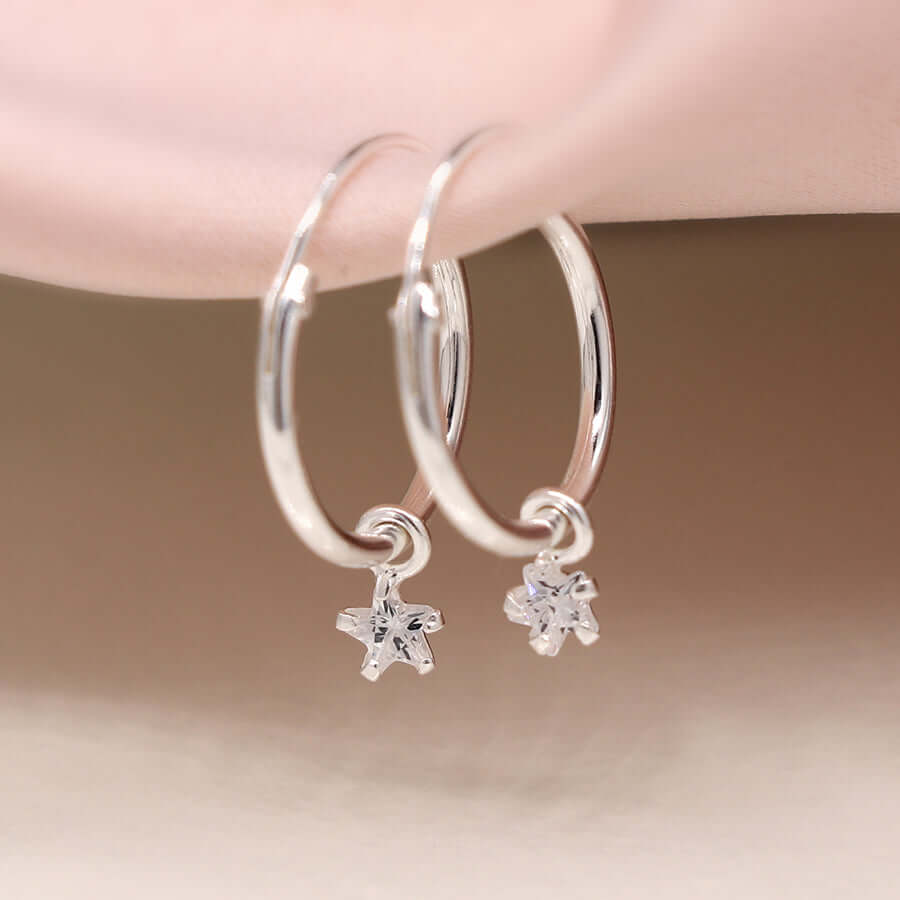 POM925 - Sterling silver creole hoop earrings with cz stars