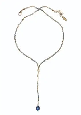 Teardrop Crystal Plunge Necklace - Blue & Gold