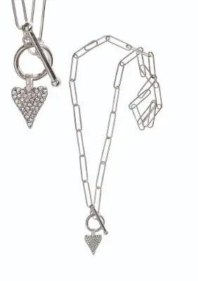 Crystal Detail Heart Necklace with T-Bar Fastenning - Silver