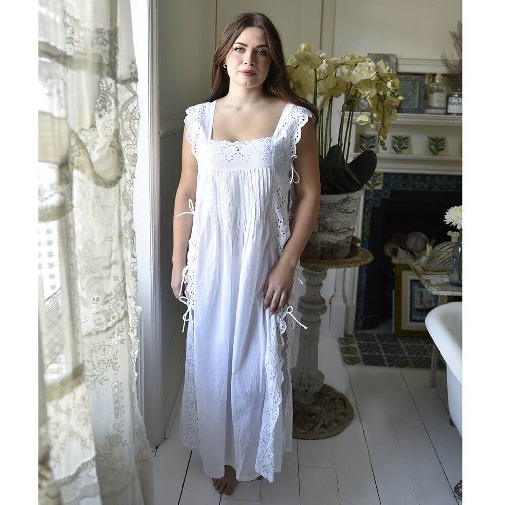 Powellcraft - Betty, White Sleeveless Cotton Nightdress With Side Ties