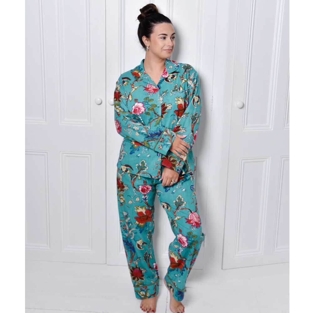 Powellcraft - Teal Exotic Flower Print Pyjamas