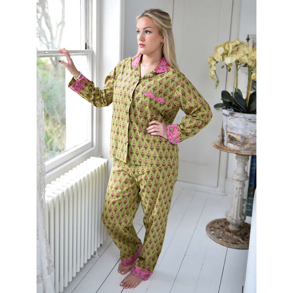 Powellcraft - Lime Green & Pink Small Block Print Women’s Pyjamas
