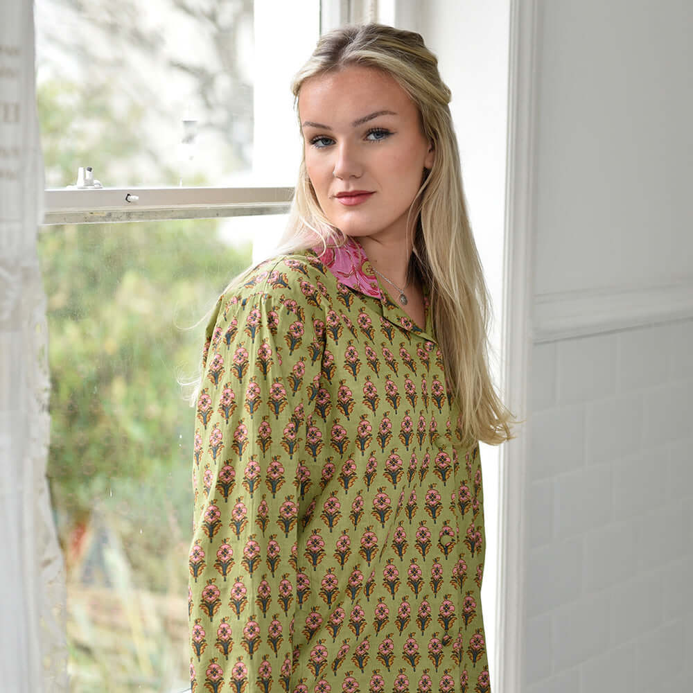 Powellcraft - Lime Green & Pink Small Block Print Women’s Pyjamas