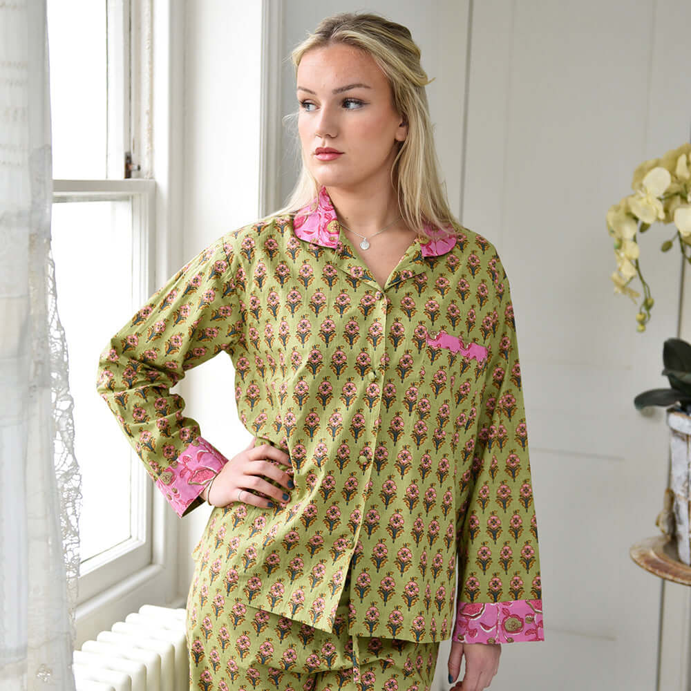 Powellcraft - Lime Green & Pink Small Block Print Women’s Pyjamas