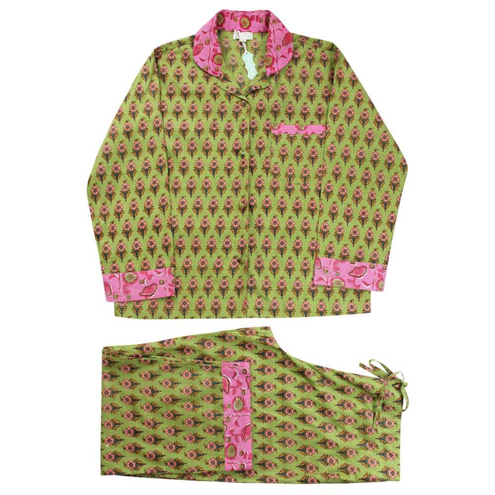 Powellcraft - Lime Green & Pink Small Block Print Women’s Pyjamas