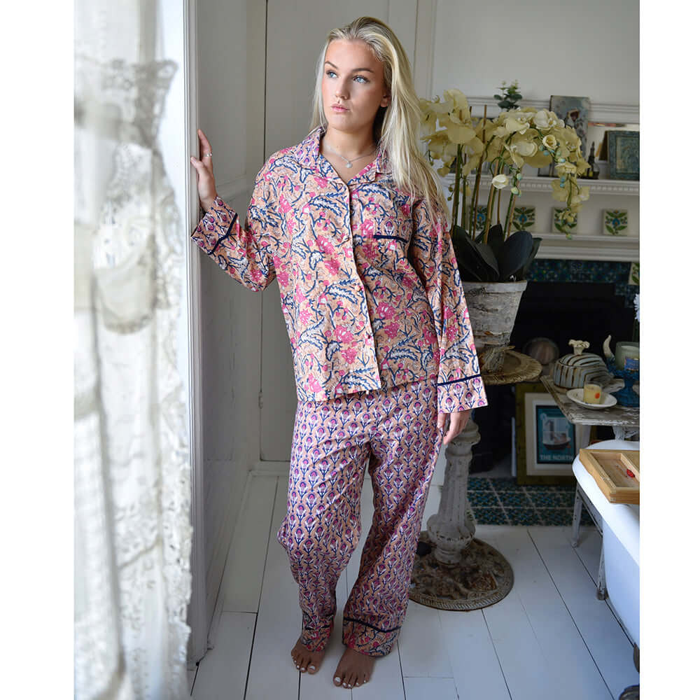 Powellcraft - Apricot, Navy & Persian Red Mixed Block Print Pyjamas
