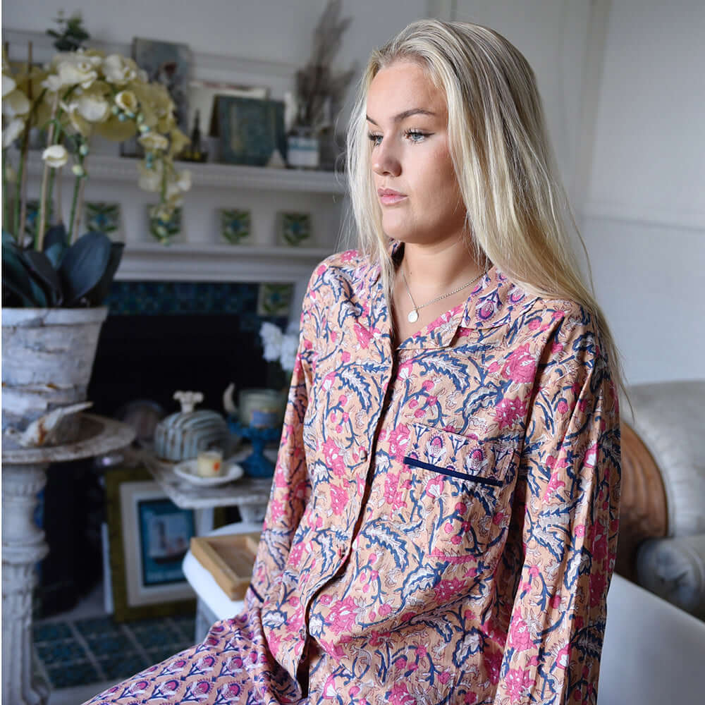 Powellcraft - Apricot, Navy & Persian Red Mixed Block Print Pyjamas