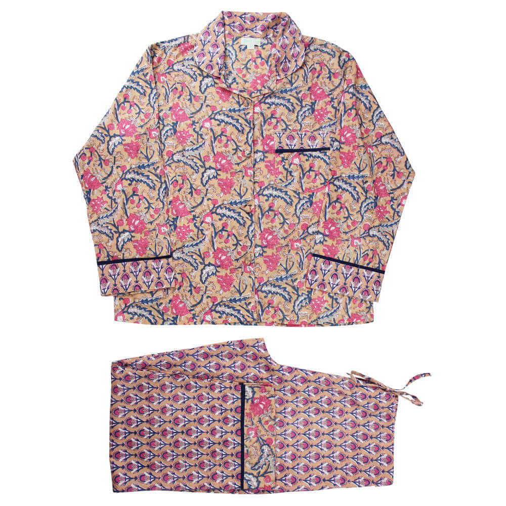 Powellcraft - Apricot, Navy & Persian Red Mixed Block Print Pyjamas