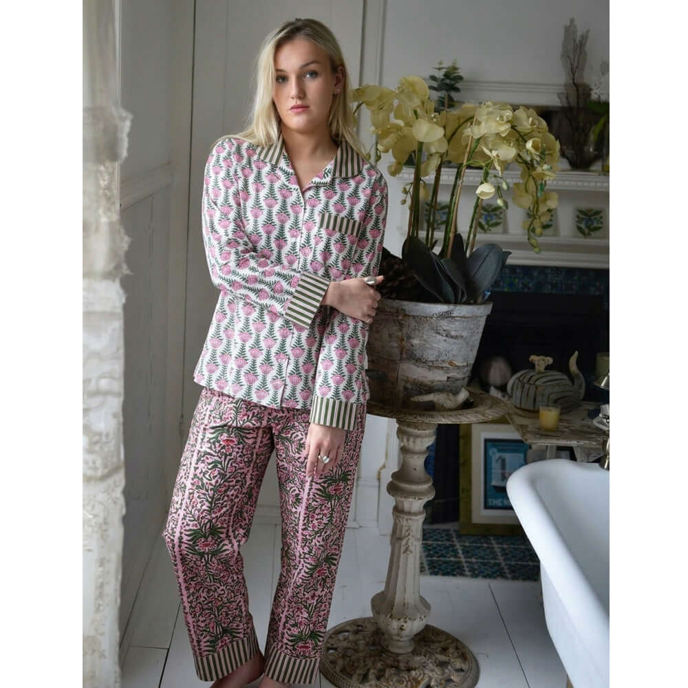 Powellcraft - Pink & Green Damask Style Floral Print Pyjamas