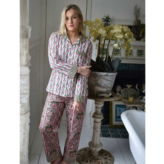 Powellcraft - Pink & Green Damask Style Floral Print Pyjamas