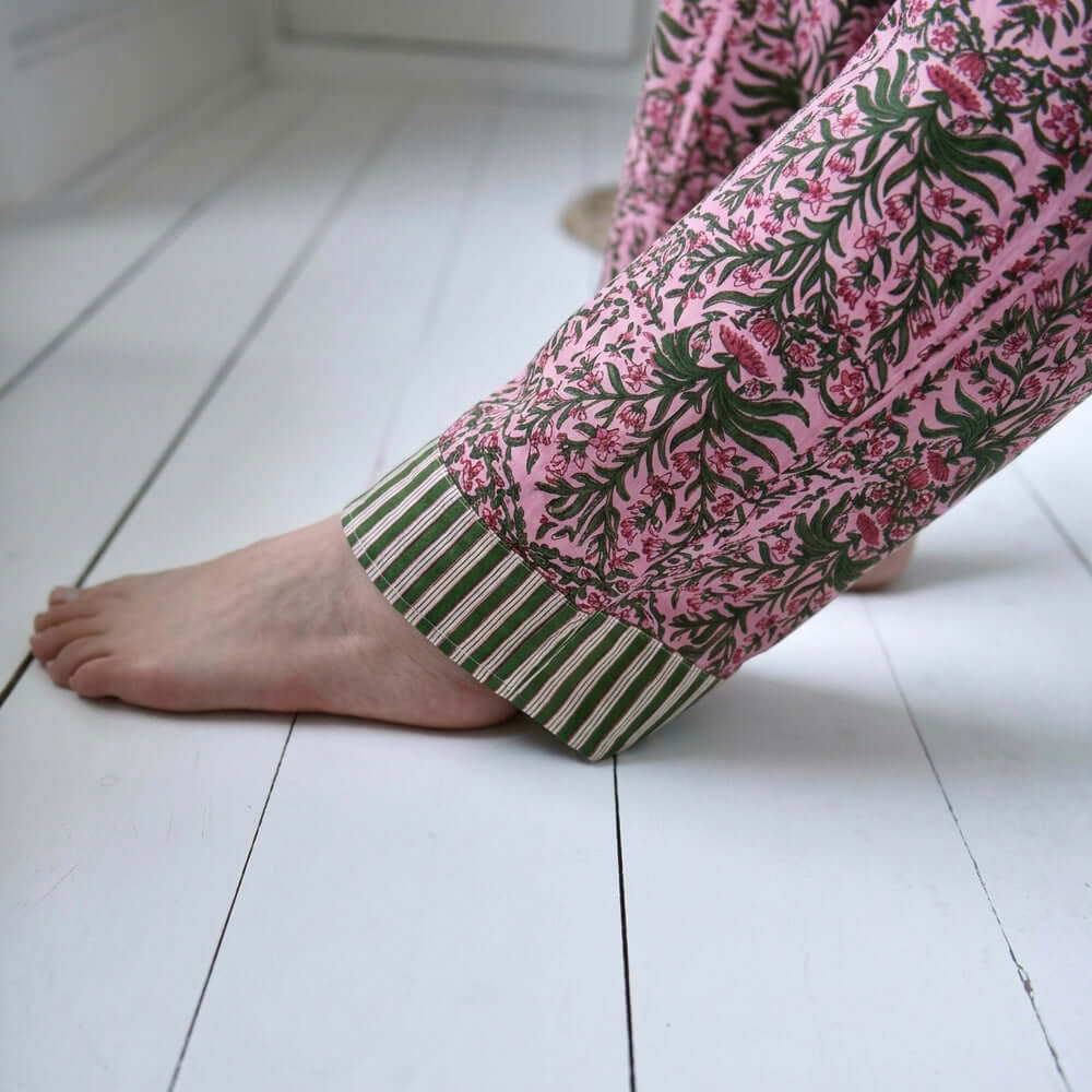 Powellcraft - Pink & Green Damask Style Floral Print Pyjamas