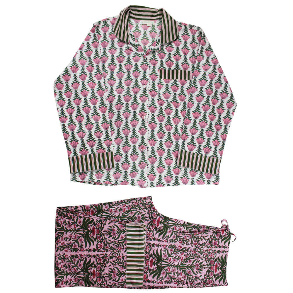Powellcraft - Pink & Green Damask Style Floral Print Pyjamas