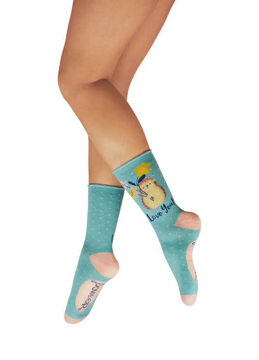 Powder Design Ladies' Ankle Socks - Hedgehog Sharing Love - Aqua